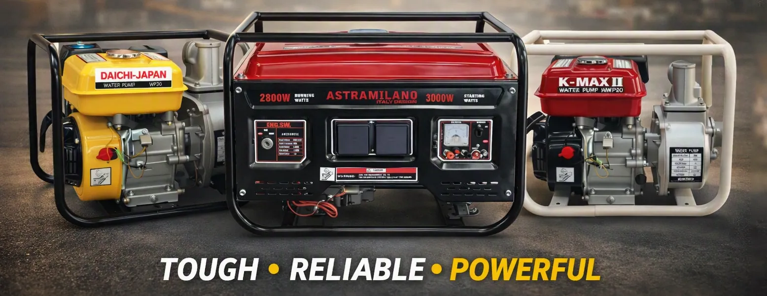 Generators and water pumps with the message tough, reliable, powerful
